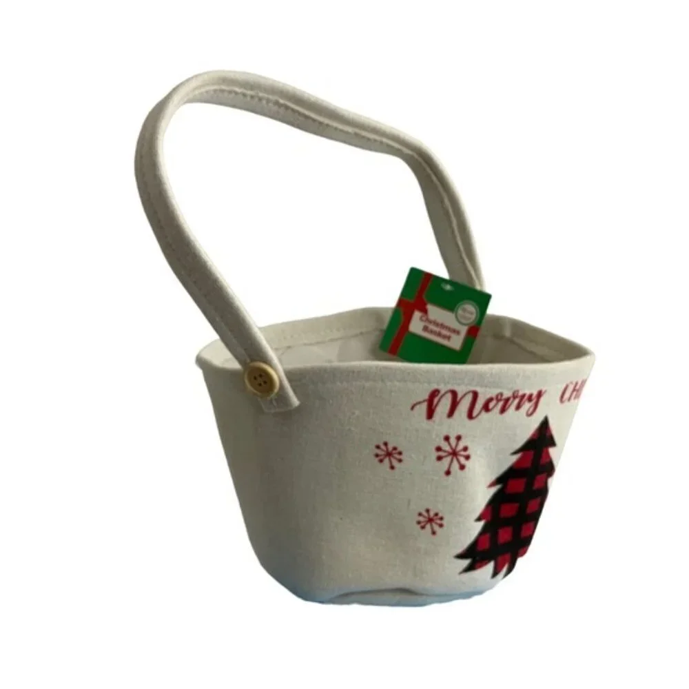 Simply Holiday Canvas Christmas Basket Lined Tote Buffalo Check Plaid